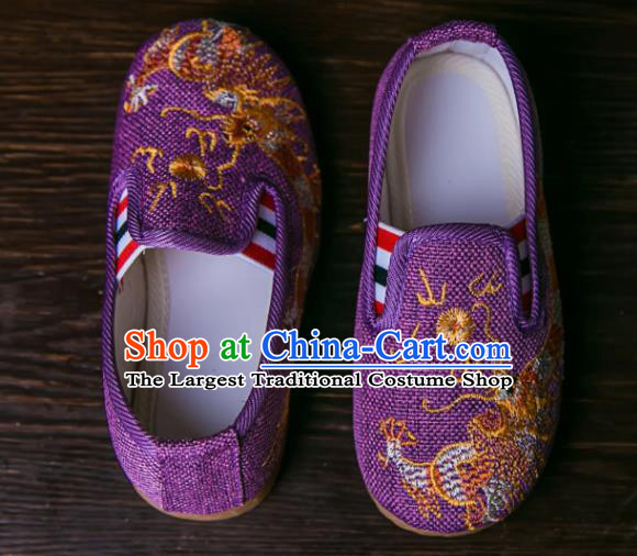 Handmade Chinese Traditional Purple Canvas Embroidered Dragon Shoes New Year National Shoes Hanfu Shoes for Kids