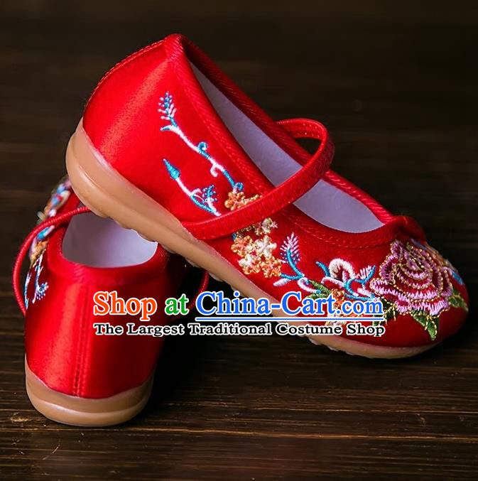 Handmade Chinese Traditional Red Satin Embroidered Shoes New Year National Shoes Hanfu Shoes for Kids