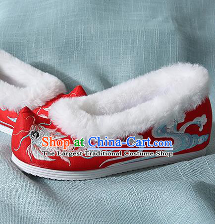 Traditional Chinese Handmade Embroidered Goldfish Red Shoes Wedding Shoes Hanfu Shoes Princess Shoes for Women