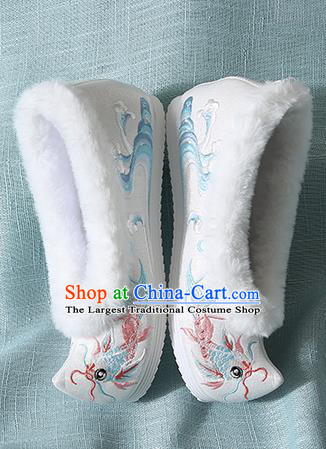 Traditional Chinese Handmade Embroidered Goldfish White Shoes Wedding Shoes Hanfu Shoes Princess Shoes for Women