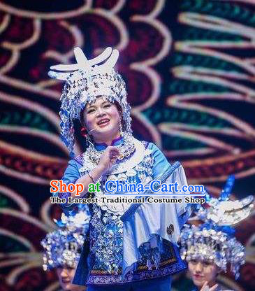 Chinese Dance Drama Colorful Guizhou Yi Nationality Dance Blue Dress Stage Performance Dance Costume and Headpiece for Women