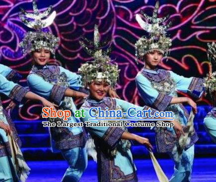 Chinese Dance Drama Colorful Guizhou Yi Nationality Blue Dress Stage Performance Dance Costume and Headpiece for Women