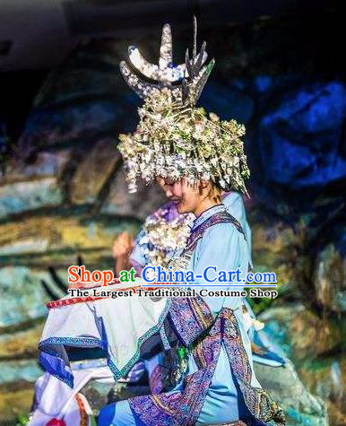 Chinese Dance Drama Colorful Guizhou Yi Nationality Blue Dress Stage Performance Dance Costume and Headpiece for Women