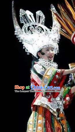 Chinese Dance Drama Colorful Guizhou Yi Nationality Wedding Red Dress Stage Performance Dance Costume and Headpiece for Women