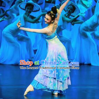 Chinese Chuansi Gongzhu Classical Dance Blue Dress Stage Performance Dance Costume and Headpiece for Women