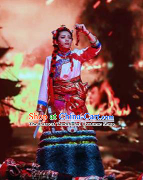 Chinese A Common Home Zang Nationality Red Dress Stage Performance Dance Costume and Headpiece for Women