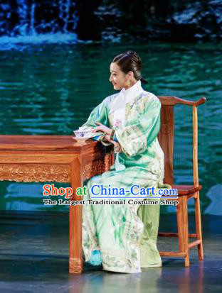 Deling and Cixi Chinese Qing Dynasty Princess Green Silk Dress Stage Performance Dance Costume and Headpiece for Women