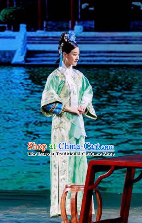 Deling and Cixi Chinese Qing Dynasty Princess Green Silk Dress Stage Performance Dance Costume and Headpiece for Women