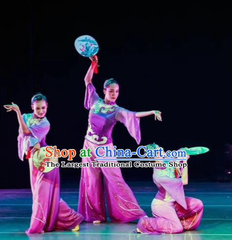 Dance Between Heaven and Earth Chinese Classical Dance Fan Dance Purple Dress Stage Performance Dance Costume and Headpiece for Women