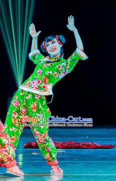 Dance Between Heaven and Earth Chinese Folk Dance Fan Dance Green Dress Stage Performance Dance Costume and Headpiece for Women