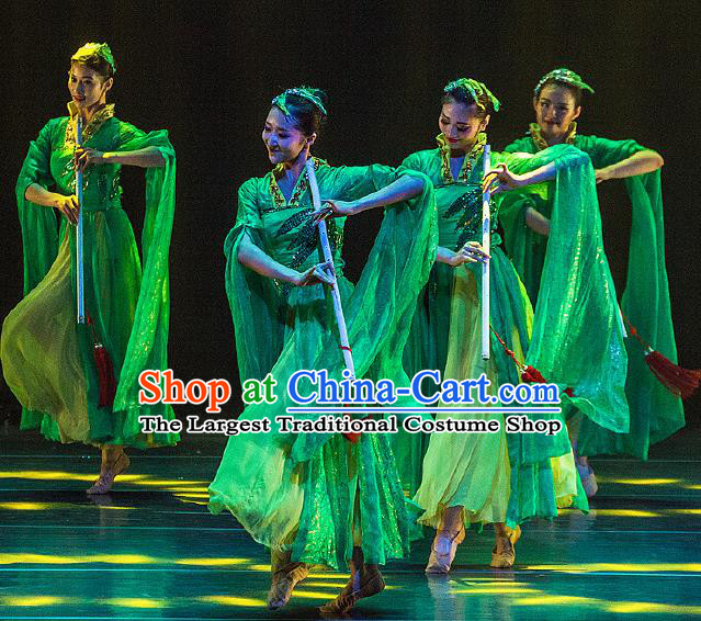 Dance Between Heaven and Earth Chinese Classical Dance Green Dress Stage Performance Dance Costume and Headpiece for Women