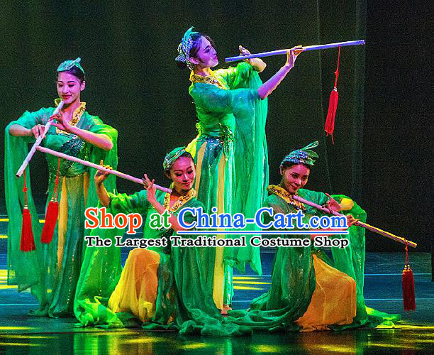 Dance Between Heaven and Earth Chinese Classical Dance Green Dress Stage Performance Dance Costume and Headpiece for Women