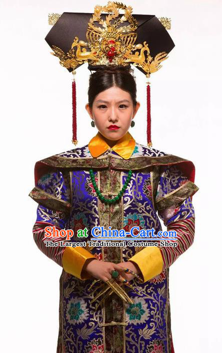 Deling and Cixi Chinese Qing Dynasty Empress Royalblue Silk Dress Stage Performance Dance Costume and Headpiece for Women