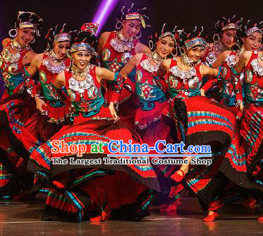 Dance Between Heaven and Earth Chinese Yi Nationality Dance Red Dress Stage Performance Dance Costume and Headpiece for Women