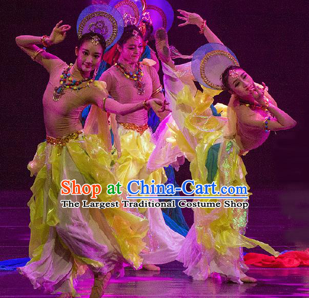 Dance Between Heaven and Earth Chinese Classical Dance Yellow Dress Stage Performance Dance Costume and Headpiece for Women