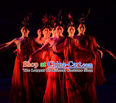 Lady Zhaojun Chinese Classical Dance Red Dress Stage Performance Dance Costume and Headpiece for Women