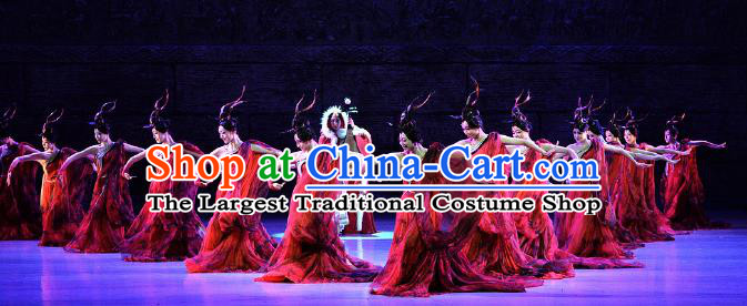 Lady Zhaojun Chinese Classical Dance Red Dress Stage Performance Dance Costume and Headpiece for Women