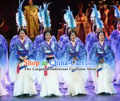 Chinese King Zhuang of Chu Ancient Spring and Autumn Period Blue Dress Stage Performance Dance Costume and Headpiece for Women