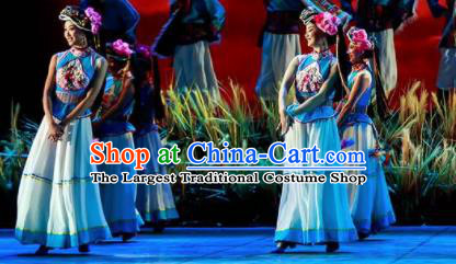 Walking Marriage Chinese Mosuo Minority Dance Blue Dress Stage Performance Dance Costume and Headpiece for Women