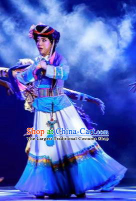 Walking Marriage Chinese Mosuo Minority Folk Dance Dress Stage Performance Dance Costume and Headpiece for Women