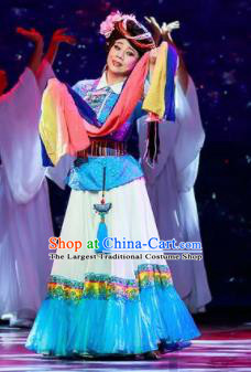 Walking Marriage Chinese Mosuo Minority Folk Dance Dress Stage Performance Dance Costume and Headpiece for Women