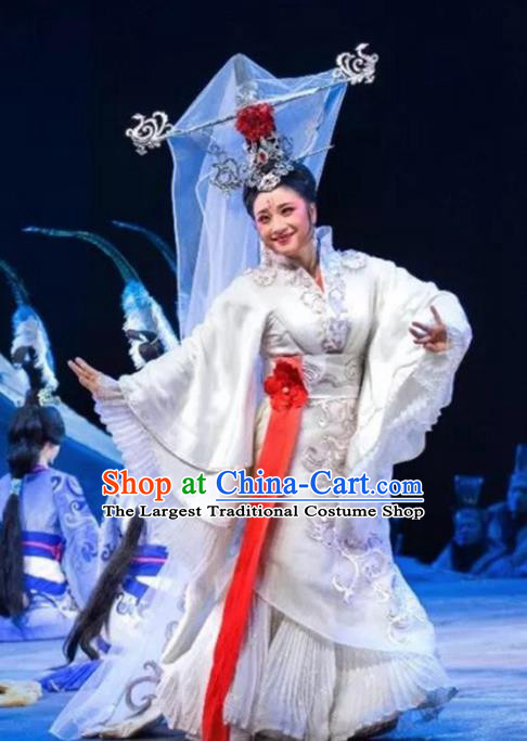 Chinese King Zhuang of Chu Ancient Spring and Autumn Period Queen White Dress Stage Performance Dance Costume and Headpiece for Women