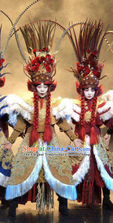 Chinese Pingtan Impression Classical Dance Khaki Dress Stage Performance Dance Costume and Headpiece for Women