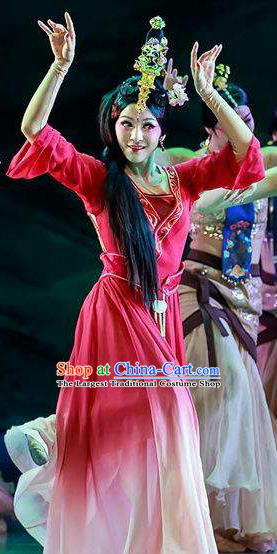 Chinese Lady Zhaojun Ancient Classical Dance Rosy Dress Stage Performance Dance Costume and Headpiece for Women