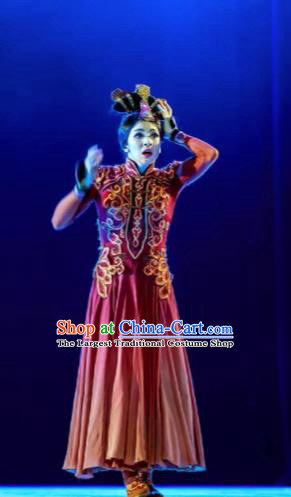 Chinese Lady Zhaojun Mongol Nationality Dance Red Dress Stage Performance Dance Costume and Headpiece for Women