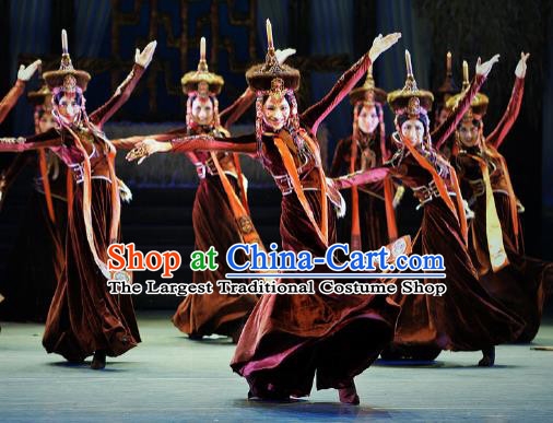 Chinese Lady Zhaojun Mongol Nationality Dance Dress Stage Performance Dance Costume and Headpiece for Women