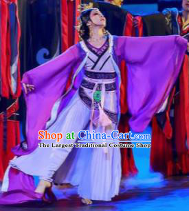 Guan Gong Chinese Classical Dance Purple Dress Stage Performance Dance Costume and Headpiece for Women