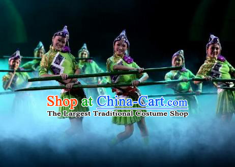 Impression Shanha Chinese She Nationality Dance Green Dress Stage Performance Dance Costume and Headpiece for Women