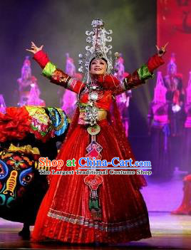 Impression Shanha Chinese She Nationality Bride Dance Red Dress Stage Performance Dance Costume and Headpiece for Women