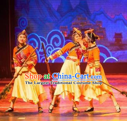 Impression Shanha Chinese She Nationality Folk Dance Yellow Dress Stage Performance Dance Costume and Headpiece for Women