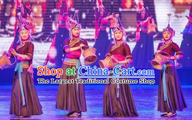 Impression Shanha Chinese She Nationality Folk Dance Black Dress Stage Performance Dance Costume and Headpiece for Women