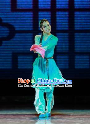 Sunsets Chinese Classical Dance Xiao Qing Green Dress Stage Performance Dance Costume and Headpiece for Women