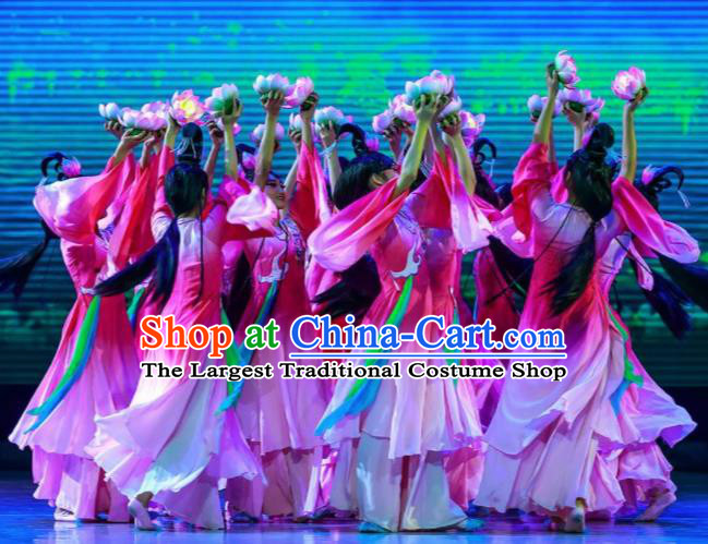 Sunsets Chinese Classical Dance Rosy Dress Stage Performance Dance Costume and Headpiece for Women