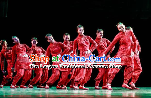 Fu Sheng Chinese Folk Dance Red Dress Stage Performance Dance Costume and Headpiece for Women