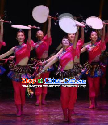 Manchu Tambourine Chinese Manchu Nationality Folk Dance Dress Stage Performance Dance Costume and Headpiece for Women