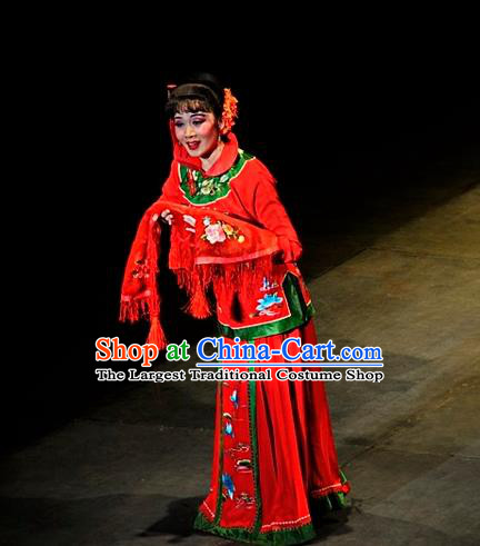 Huizhou Beauty Chinese Huangmei Opera Red Dress Stage Performance Dance Costume and Headpiece for Women