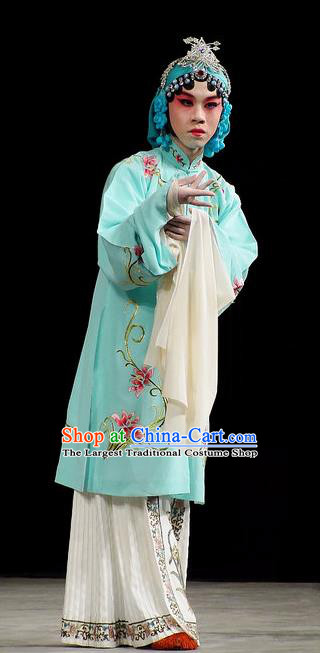 Han Consort Ming Chinese Peking Opera Palace Lady Blue Dress Stage Performance Dance Costume and Headpiece for Women