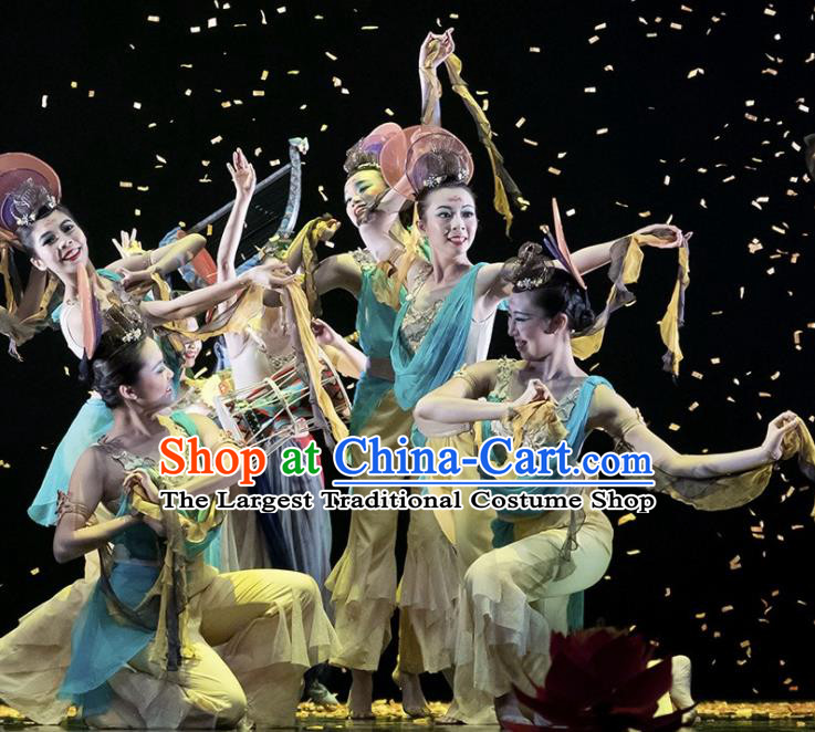 Dunhuang Reflections Chinese Classical Dance Yellow Dress Stage Performance Dance Costume and Headpiece for Women