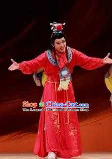 Huang Ye Hong Lou Chinese Peking Opera Niche Jia Baoyu Red Clothing Stage Performance Dance Costume and Headpiece for Men