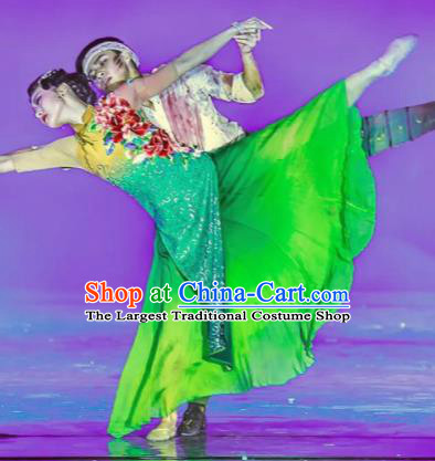 Thirteen Girls in Jinling City Chinese Classical Dance Green Dress Stage Performance Dance Costume and Headpiece for Women