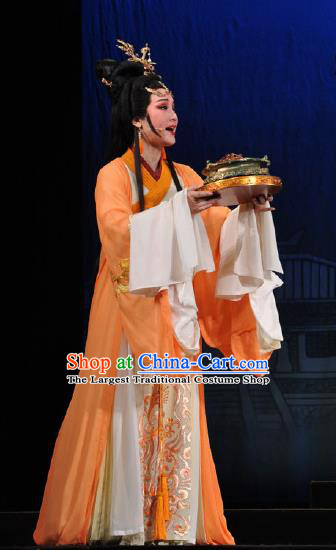 Chinese Shaoxing Opera Bronze Swallow Terrace Zhen Luo Orange Dress Stage Performance Dance Costume and Headpiece for Women