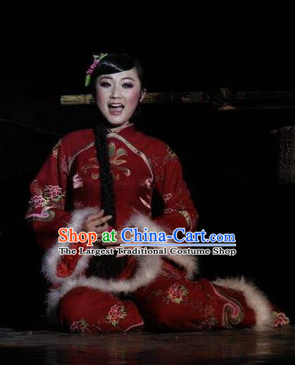 Drama Lan Huahua Chinese Folk Dance Red Dress Stage Performance Dance Costume and Headpiece for Women