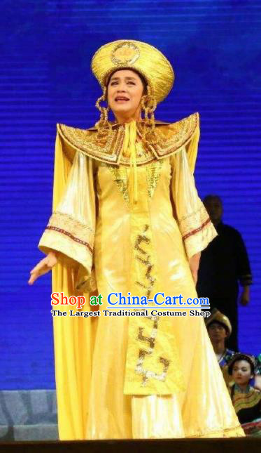 Goddess Ya Song Chinese Classical Dance Yellow Dress Stage Performance Dance Costume and Headpiece for Women