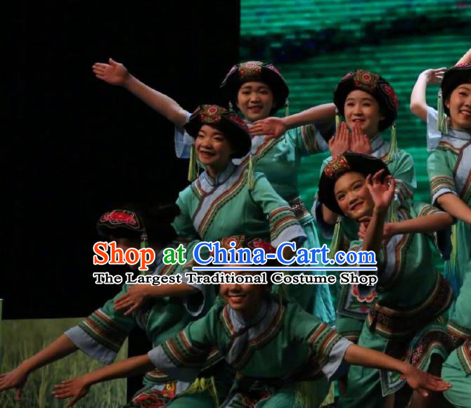 Goddess Ya Song Chinese Zhuang Nationality Dance Green Dress Stage Performance Dance Costume and Headpiece for Women