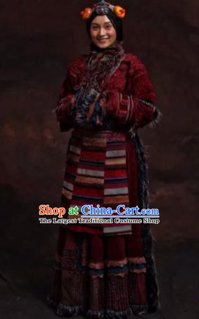 The Heavenly Road Chinese Zang Nationality Dance Red Dress Stage Performance Dance Costume and Headpiece for Women