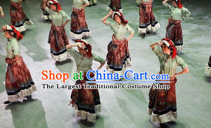 The Heavenly Road Chinese Zang Nationality Dance Green Dress Stage Performance Dance Costume and Headpiece for Women